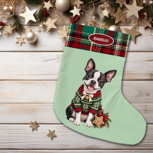 Söt Boston Terrier hundrutig kant Stor Julstrumpa