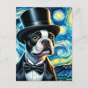 Söt Boston Terrier i en topp hatt Van Gogh Vykort