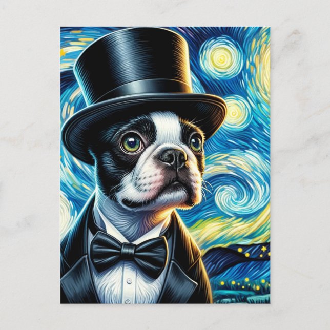 Söt Boston Terrier i en topp hatt Van Gogh Vykort (Framsida)