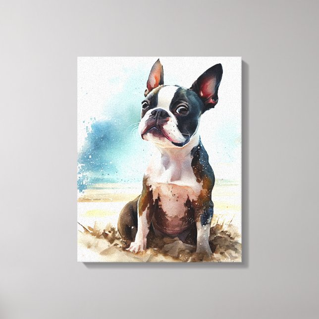 Söt Boston Terrier på stranden Canvastryck (Framsida)