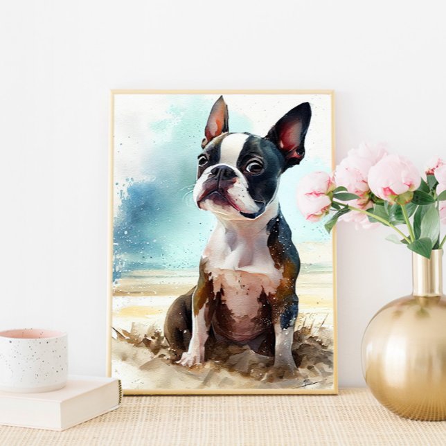 Söt Boston Terrier på Strandvägg Arttryck Poster (Skapare uppladdad)