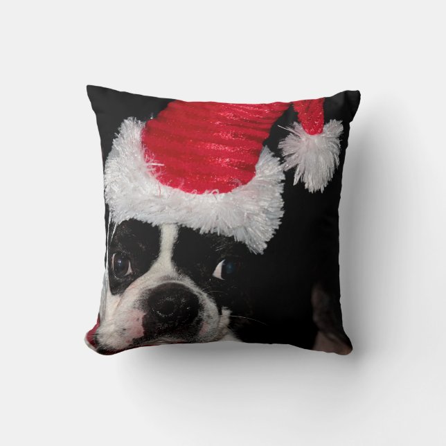 Söt Boston terrier som ha på sig en Santa hatt Kudde (Framsida)