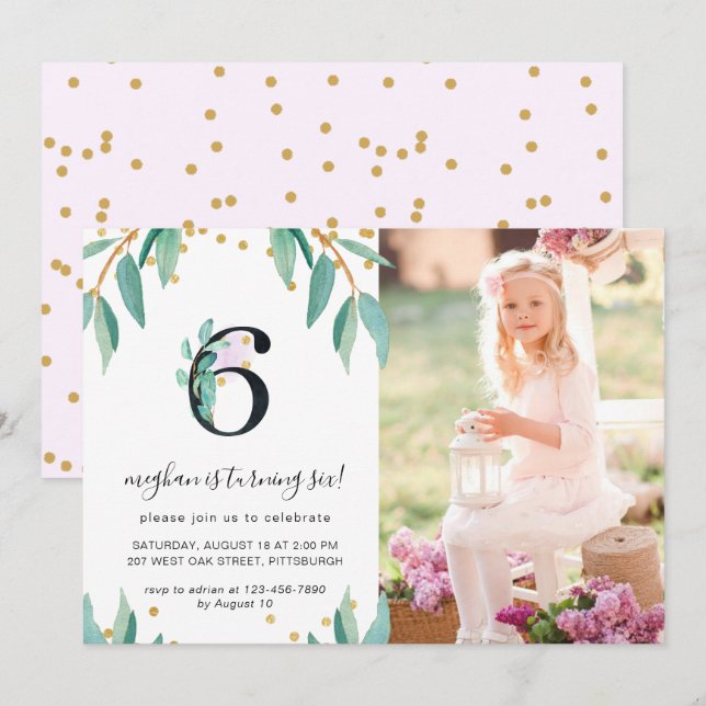 Söt Botanical 6e Födelsedagsfest Photo Inbjudningar (Fram/baksida)