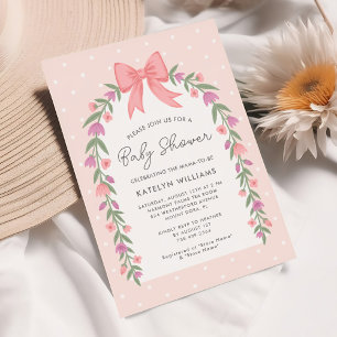 Söt Bow Blommigt Baby Shower Rosa Inbjudningar