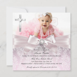 Söt Bow & Cross Foto Rosa Dop Inbjudningar