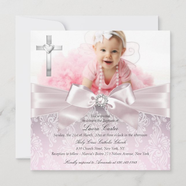 Söt Bow & Cross Foto Rosa Dop Inbjudningar (Framsida)