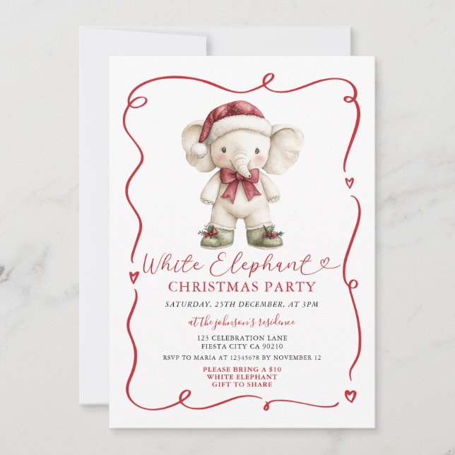 Söt Bow White Elephant Julfest Utbyte Inbjudningar (Framsida)