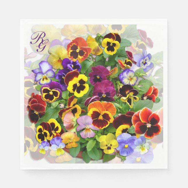 Söt Bowl of Pansies Monogram Napkins Pappersservett (Framsidan)