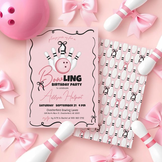 Söt BOWling Tjejig Rosa Slingor Flickig Födelsedag Inbjudningar (Cute pink girly girl funny BOWling ball, pins, black bows hand drawn frame birthday party invite )
