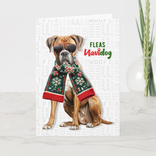 Söt Boxer Hund Roliga Loppor Navidog Jul Helgkort (Framsida)