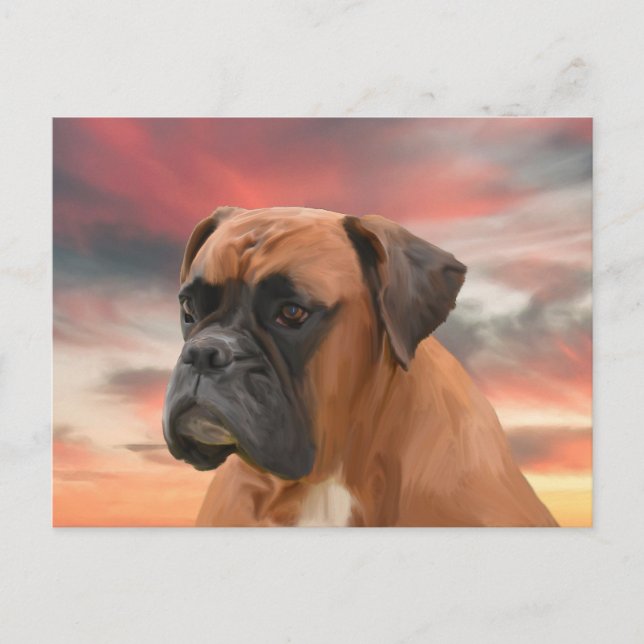 Söt Boxer Hund Vatten Färg Oljemålning Konst Vykort (Framsida)
