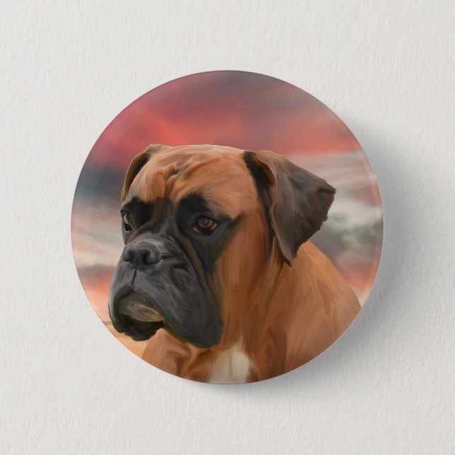 Söt Boxer Hund Vattenfärg Oljemålning Konst Knapp (Framsida)