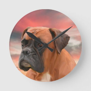 Söt Boxer Hund Vattenfärg Oljemålning Konst Rund Klocka