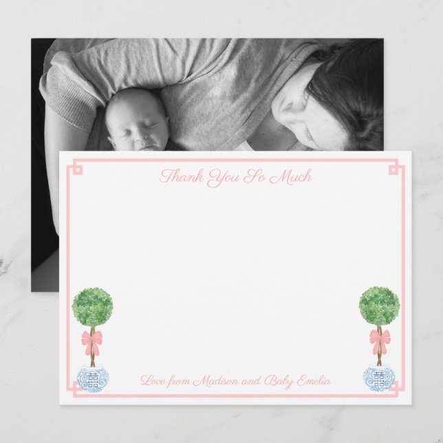 Söt Boxwood Little Girl Baby Shower Birth Photo Tack Kort (Fram/baksida)
