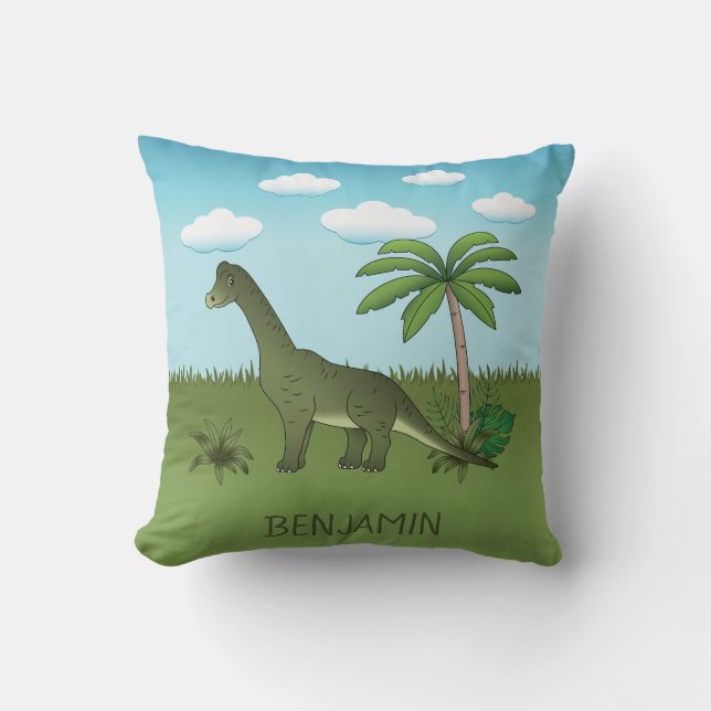 Söt Brachiosaurus Dinosaur Blå Himmel Anpassat Nam Kudde (Framsida)
