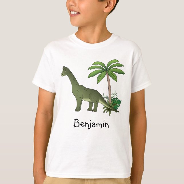 Söt Brachiosaurus Och Palmträd Med Barnets Namn T Shirt (Framsida)