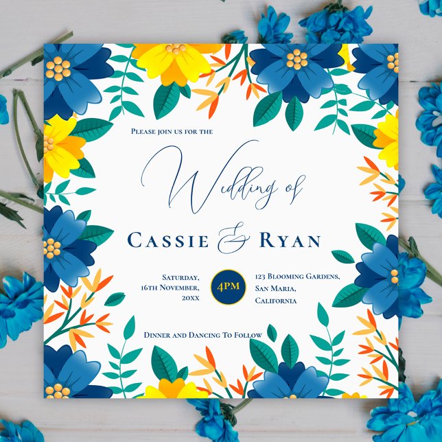 Söt Bright Blue Gult Blommigt Romantic Bröllop Inbjudningar (Pretty Bright Blue Yellow Floral Romantic Wedding Invitation)