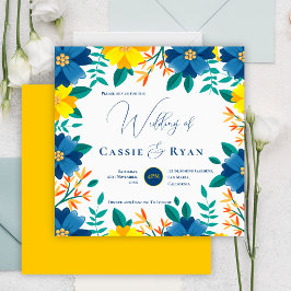 Söt Bright Blue Gult Blommigt Romantic Bröllop Inbjudningar