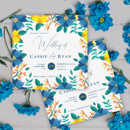 Söt Bright Blue Gult Blommigt Romantic Bröllop Inbjudningar