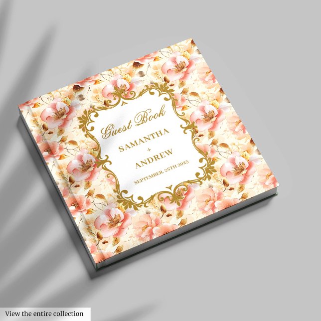 Söt  Bröllop Guest Bok för minnesmärken över Guld (Pretty Blush Gold Wedding Guest Book for Memories)
