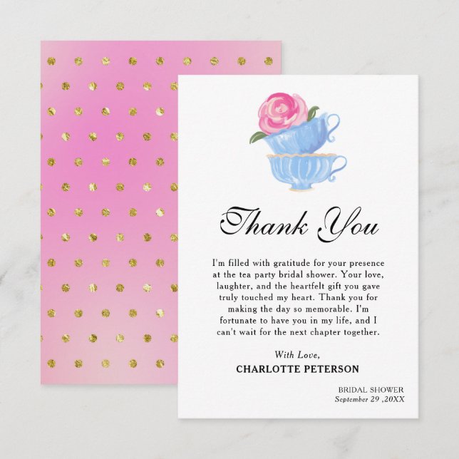 Söt Bröllopsfest med Vattenfärg och Tekoppstemata Tack Kort (Fram/baksida)