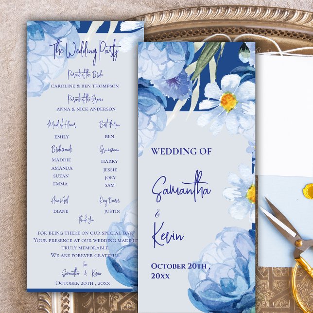 Söt Bröllopsprogram för blått Blommigt Inbjudningar (Pretty Watercolor Blue Floral Wedding Program)