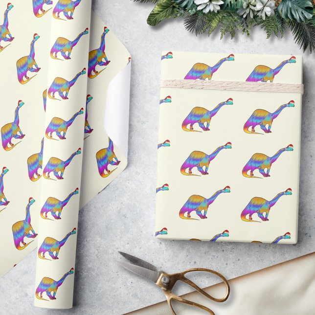 Söt Brontosaurus Dinosaurie Jul Presentpapper (Kids cute colorful dinosaur christmas wrapping paper Festive watercolor brontosaurus santa hat dino)