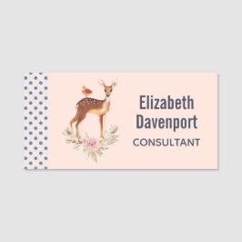 Söt Brown Fawn med Bird och Ro Namnbricka