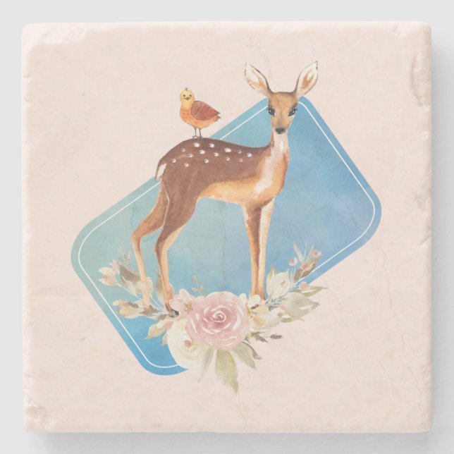 Söt Brown Fawn med Bird och Ro Stenunderlägg (Framsidan)