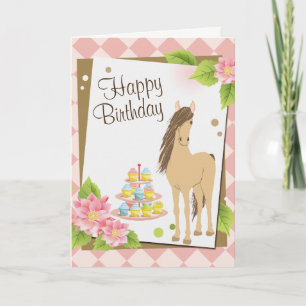 Söt Brown Horse and Rosa Flowers Grattis på födels Kort