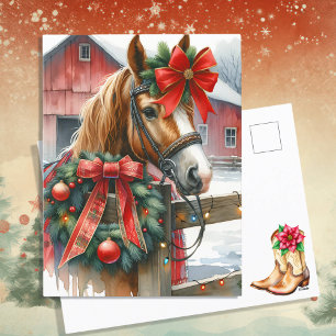 Söt Brown Horse i Red Bow jul Helg Vykort