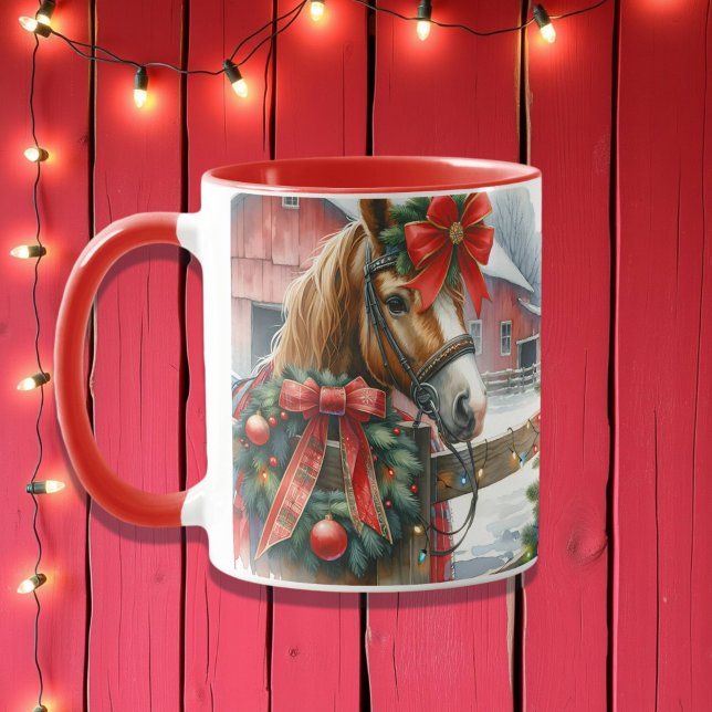 Söt Brown Horse i Red Bow jul Mugg (Skapare uppladdad)