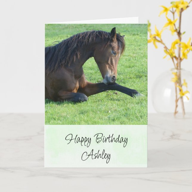 Söt Brown Horse Lutning i Grass Birthday Kort (Gul blomma)