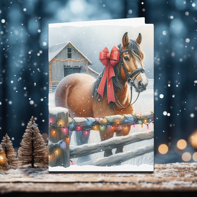 Söt Brown Horse med Bow and Barn God jul Kort (Skapare uppladdad)