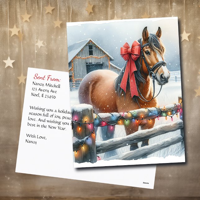 Söt Brown Horse med Bow and Barn God jul Vykort (Skapare uppladdad)