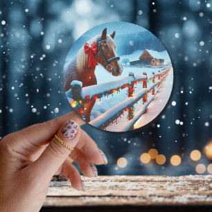Söt Brown Horse med Bow-jul Runt Klistermärke