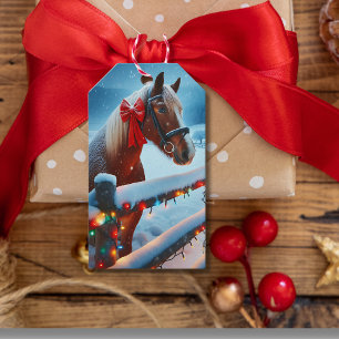 Söt Brown Horse med Bow jul till och från Presentetikett