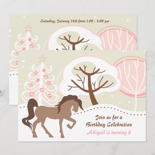 Söt Brown Horse Rosa Winter Birthday Inbjudningar (Fram/baksida)