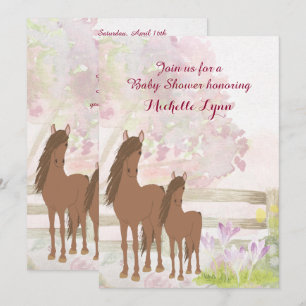 Söt Brown Horses and Flowers Baby Shower Inbjudan