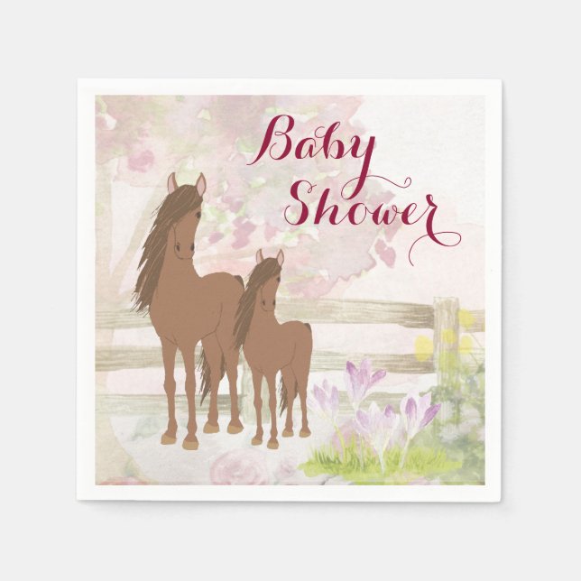 Söt Brown Horses and Flowers Baby Shower Pappersservett (Framsidan)