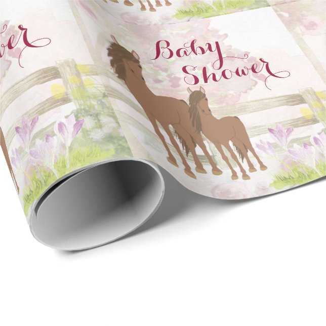 Söt Brown Horses and Flowers Baby Shower Presentpapper (Rullad Hörn)