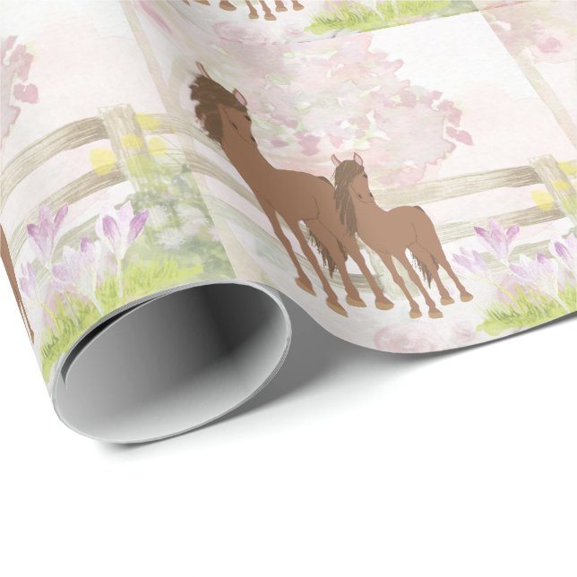 Söt Brown Mare and Foal Horse Presentpapper (Rullad Hörn)