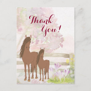 Söt Brown Mare, Foal, Flowers Horse Tack Vykort