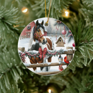 Söt Brown och White Horse Rustic Farm jul Julgransprydnad Keramik