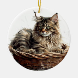SÖT BROWN TABBY MAINE COON CAT IN CAT BED JULGRANSPRYDNAD KERAMIK