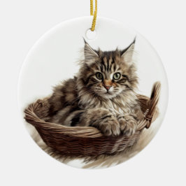 SÖT BROWN TABBY MAINE COON CAT IN CAT BED JULGRANSPRYDNAD KERAMIK