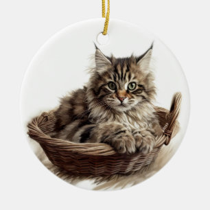 SÖT BROWN TABBY MAINE COON CAT IN CAT BED JULGRANSPRYDNAD KERAMIK