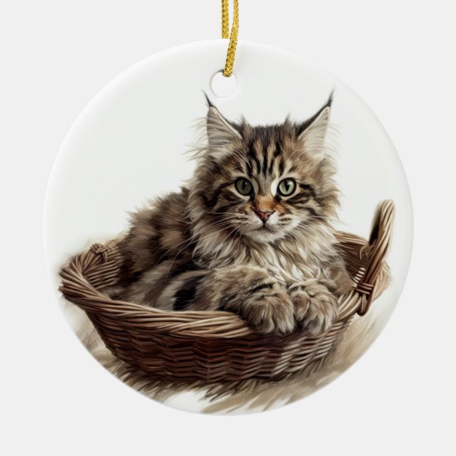SÖT BROWN TABBY MAINE COON CAT IN CAT BED JULGRANSPRYDNAD KERAMIK (Framsidan)