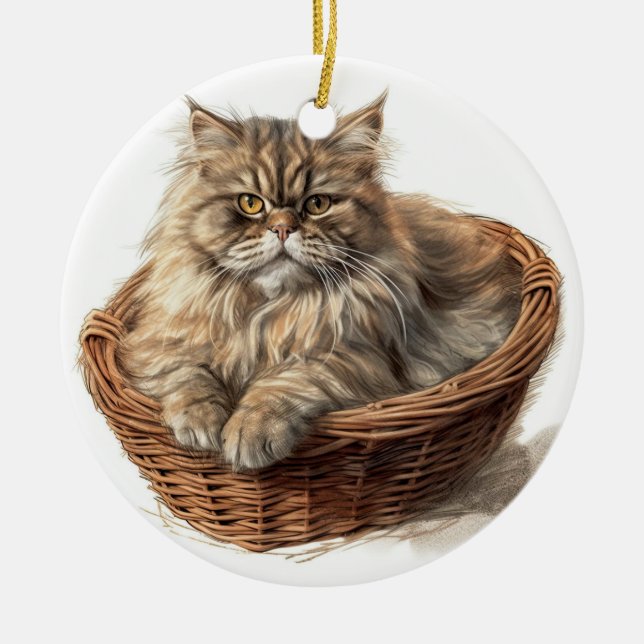 SÖT BROWN TABBY PERSIAN CAT IN CAT BED JULGRANSPRYDNAD KERAMIK (Framsidan)
