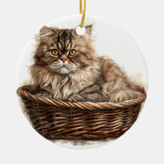 SÖT BROWN TABBY PERSIAN CAT IN CAT BED JULGRANSPRYDNAD KERAMIK (Framsidan)